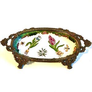 NWT WONG LEE Hand Painted Porcelain Bronze Ormolu Oval Tray Soap Dish 8x4"